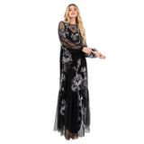 Maya Deluxe Women's Maxi Dress Ladies Long Sleeve Boat Neck Sheer Tulle Floral Sequin Embellished Trapeze Evening Prom Ball Gown, Black, 44