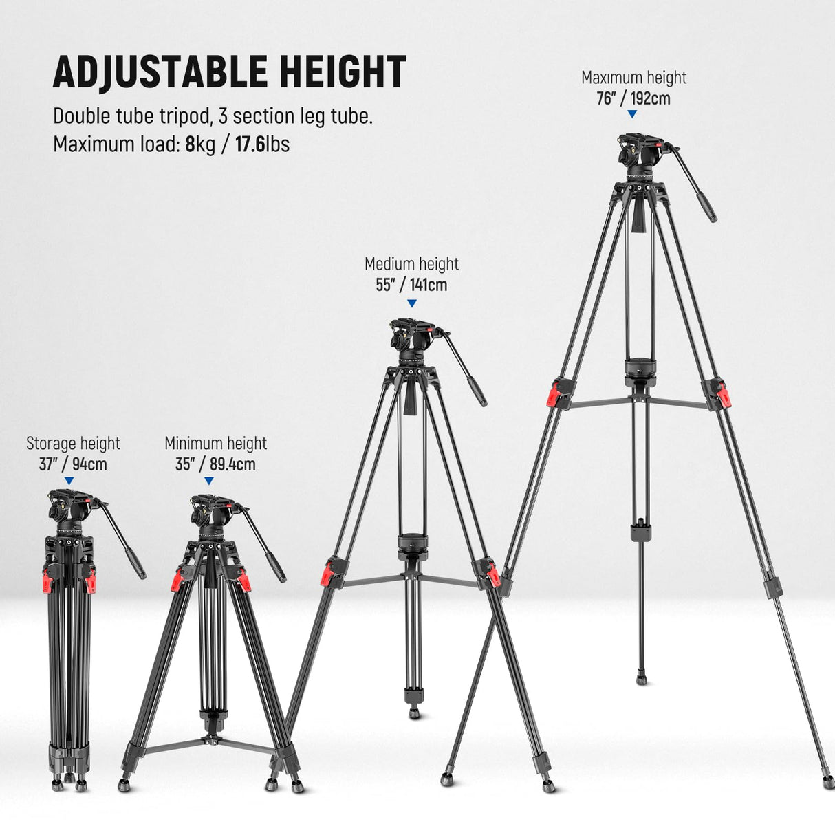 NEEWER Trípode para cámara de Video de 76 Pulgadas con Cabezal Fluido, liberación rápida de un Paso con amortiguación Ajustable, Soporte de trípode de Aluminio Resistente, Placa QR de Modo Dual para