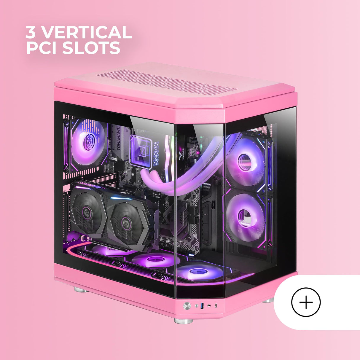Mars Gaming MC-3T, Caja Gaming Custom ATX, Triple Ventana Cristal Templado Continuo, Soporte Refrigeración Líquida Completo, Cámara Dual Lateral, 3X Slots PCI Verticales, USB-C y USB 3.0, Rosa