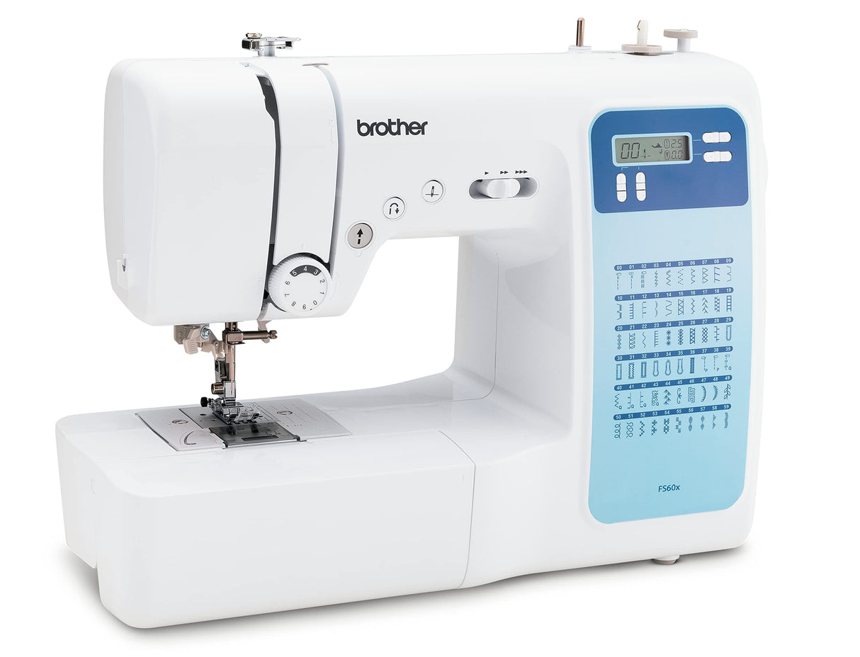 Brother FS60x - Máquina de coser electrónica con 60 puntos (utilitarios, elásticos, decorativos), costura automática, pantalla multifunción. Blanco