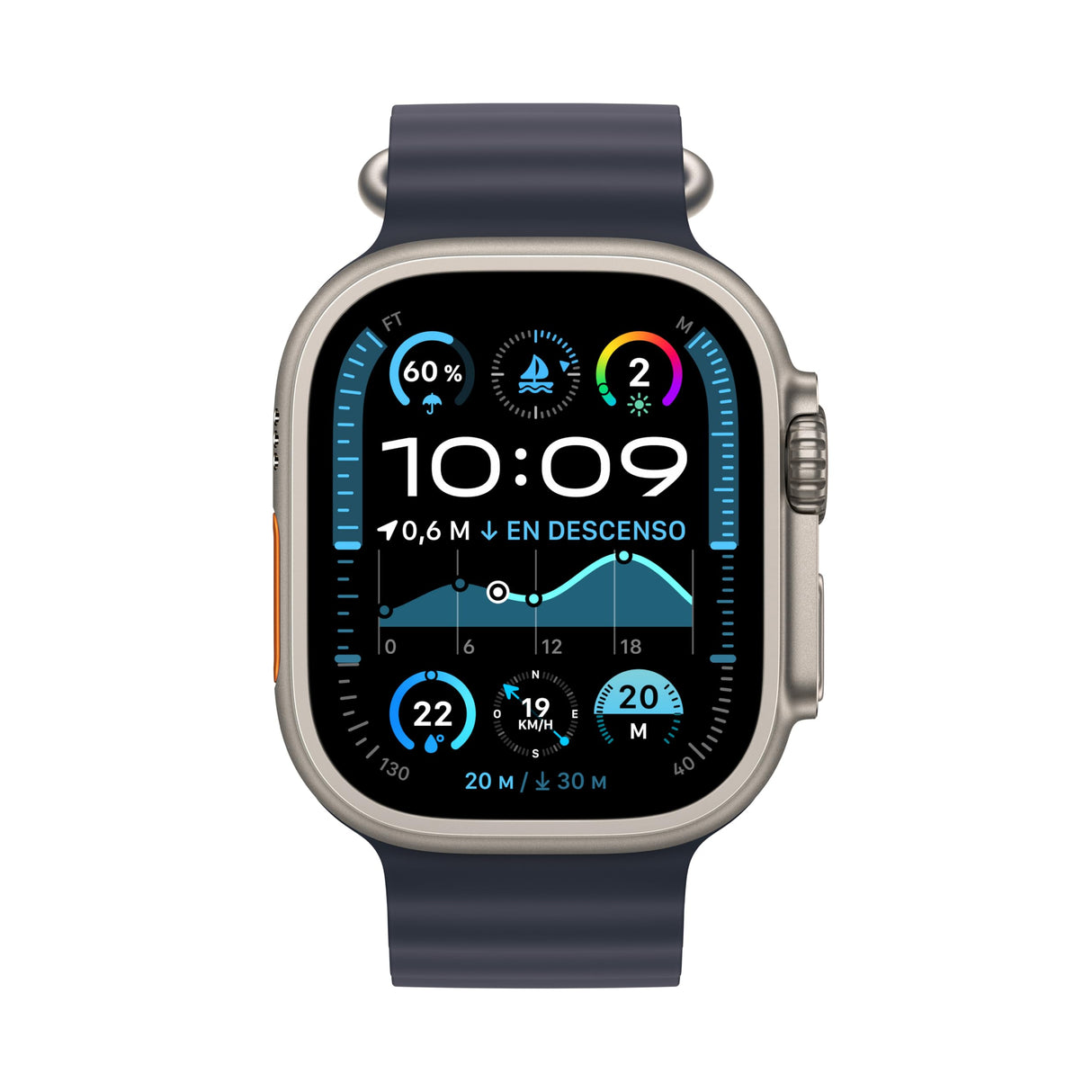 Apple Watch Ultra 2 GPS + Cellular Smartwatch, Reloj Deportivo con Caja de Titanio Natural Resistente de 49 mm y Correa Ocean Azul Marino. Monitor de entreno y Pantalla Retina Brillante