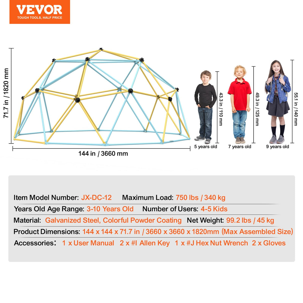 VEVOR Climbing Dome, Jungle Gym Supports 750 lbs. and Easy Assembly, 12-Foot Geometric Play Centre for Kids 3-10 Years Old, with Climbing Grip, Outdoor Playground Equipment