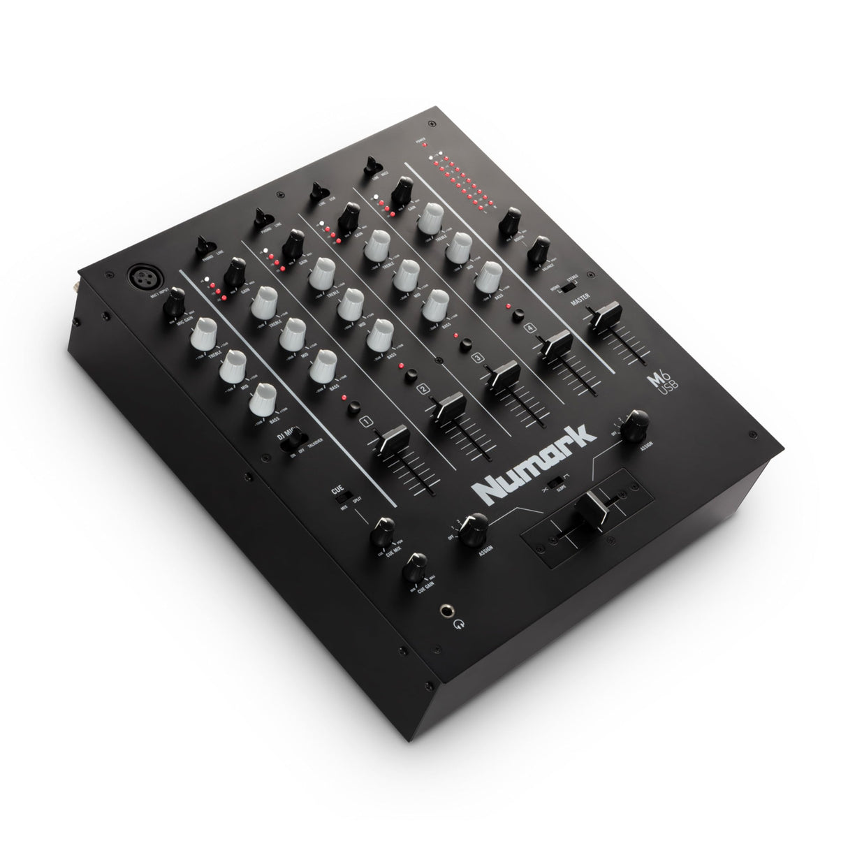 Numark M6 USB Mesa de Mezclas DJ de 4 Canales, Interfaz de Audio Integrada, EQ de 3 Bandas, Entrada Micro y Crossfader Reemplazable con Control de Curva