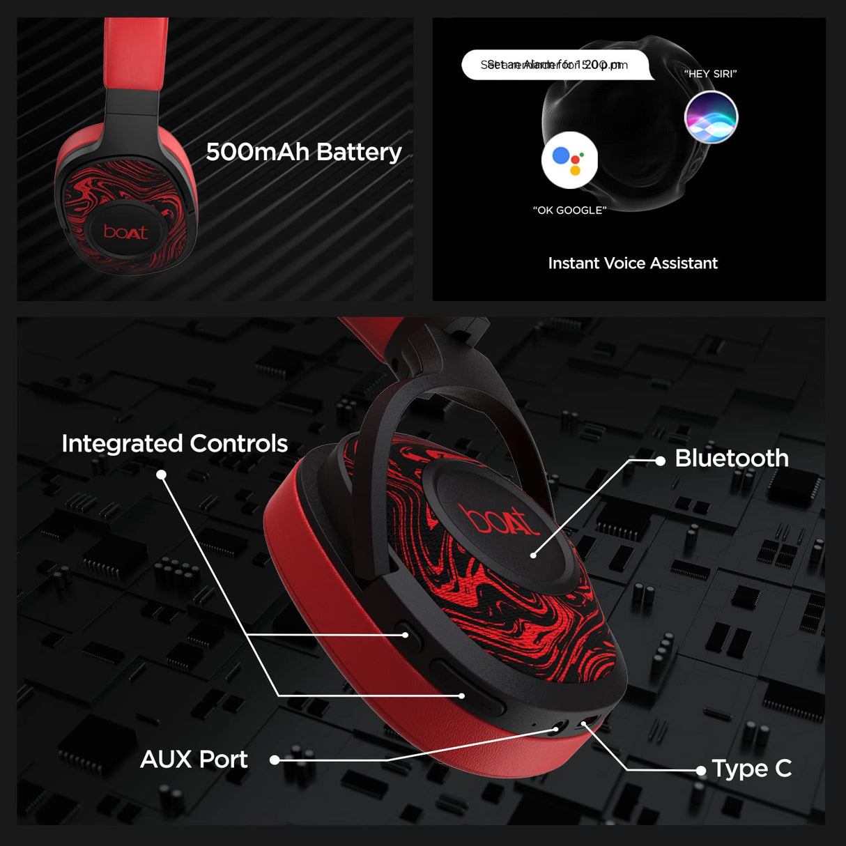 Boat Rockerz 550 - Auriculares inalámbricos Bluetooth con micrófono hasta 20 Horas de reproducción, Controladores de 50 mm, Almohadillas Acolchadas Suaves y Aislamiento físico de Ruido (Rojo)