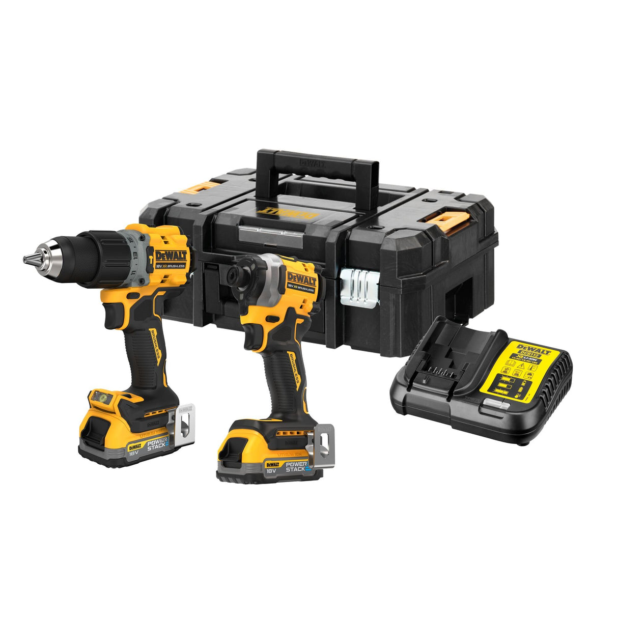 DEWALT DCK2050E2T-QW - Kit: 1x Taladro percutor 18V XR DCD805, 1 Destornillador de impacto de ¼" DCF850, 2 baterías Powerstack de 18V/1,7Ah DCBP034, 1 cargador rápido de sistema DCB115