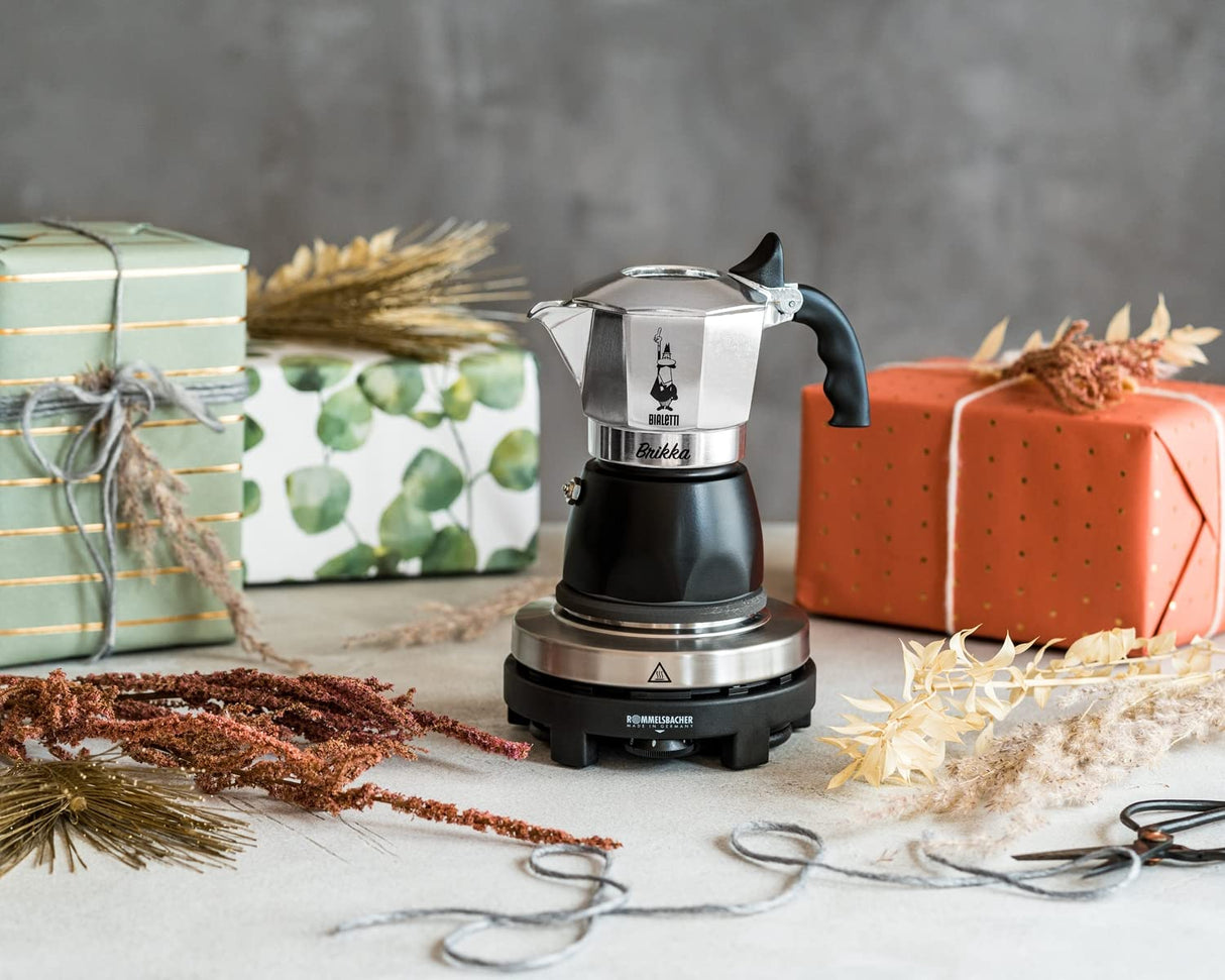 Rommelsbacher Set de regalo RK 505/K, mini placa de cocción de 80 mm de diámetro, regulable sin niveles, jarra original Bialetti Moka, 90 ml, sistema de preparación para la formación de crema, color