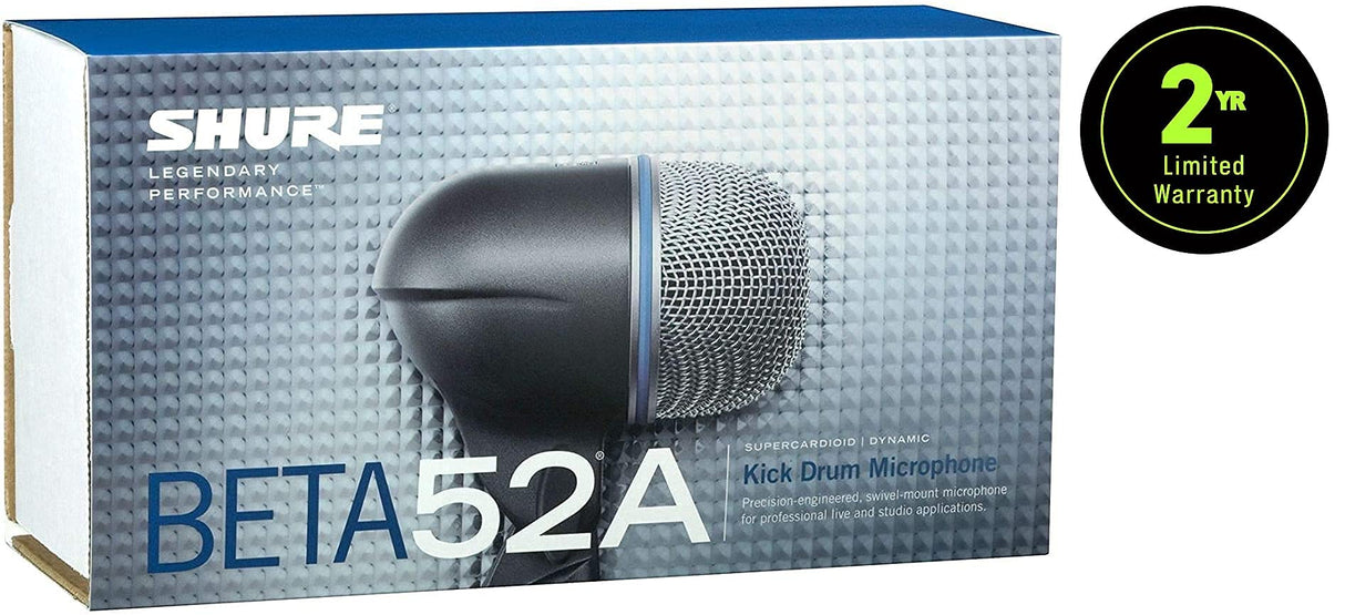 Shure BETA 52A Micrófono de batería: micrófono dinámico supercardioid con elemento de neodimio de alta salida, adaptador de soporte de bloqueo, rejilla de malla de acero Durabl y soporte de choque