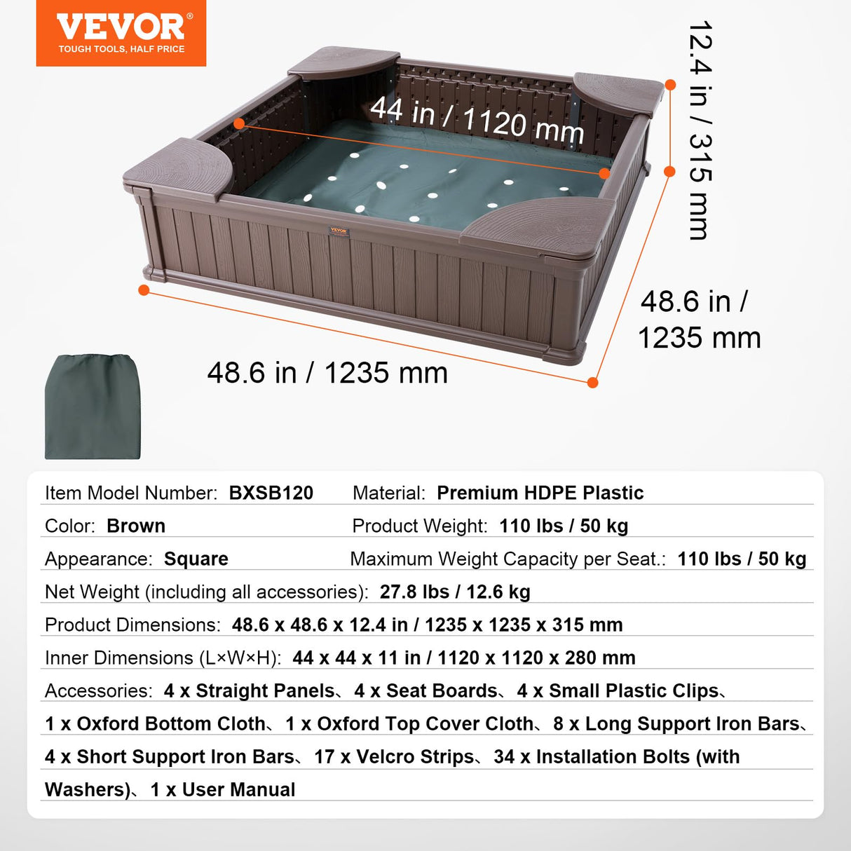 VEVOR Caja de Arena con Tapa Areno de HDPE Cuadrado de 1235 x 1235 x 315 mm con 4 Asientos en Las Esquinas y Revestimiento Inferior para Niños de 3 a 12 Años para Patio al Aire Libre, Parque, Marrón