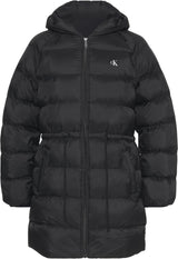 Calvin Klein Abrigo de plumas Mujer Lightweight Logo Mid Length con capucha, Negro (Black), S