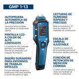 Medidor de humedad GMP 1-13 de Bosch Professional (basado en clavijas, mide 37 tipos de madera y 10 materiales de construcción, clasificación IP65, LCD de alto contraste, 2 pilas AA, bolsa)
