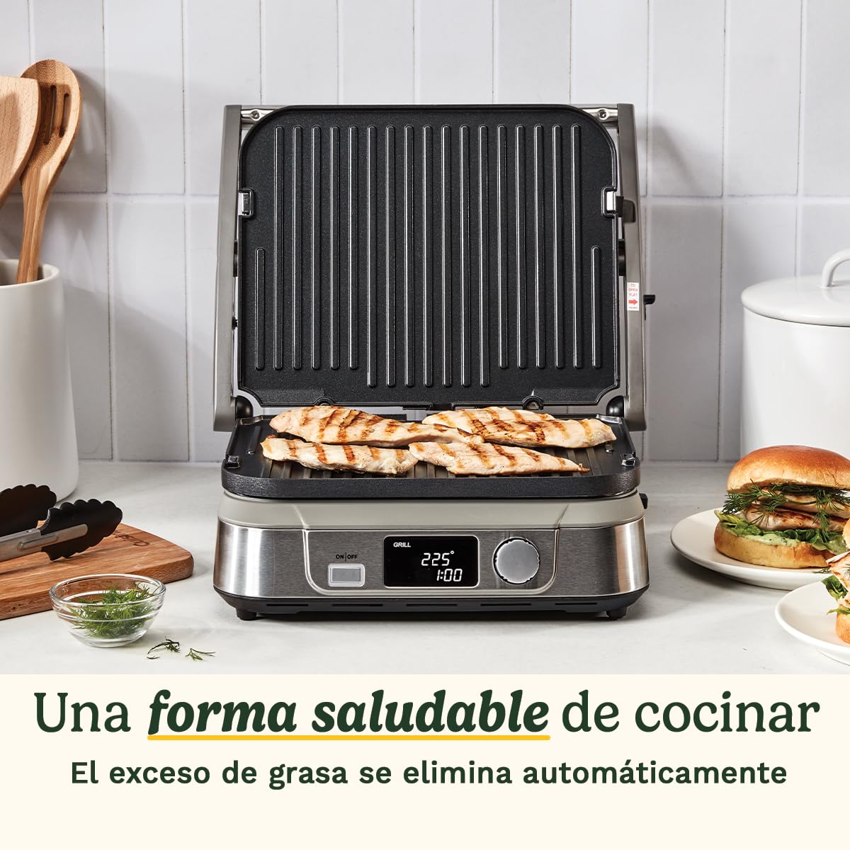Cuisinart 6-en-1 : Gril, Plancha, Gaufrier | Plaques réversibles antiadhésives | Écran digital | SearBlast® | Bisagra ajustable, Acero inoxidable