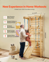 VEVOR-8 en 1 Kit de Escalada Niveles Pared, Tobogán, Barra de Dominadas, Anillas de Gimnasio, Columpio y Escalera de Cuerda, Color Madera (15 Levels Solid Wood Indoor Jungle Gym)