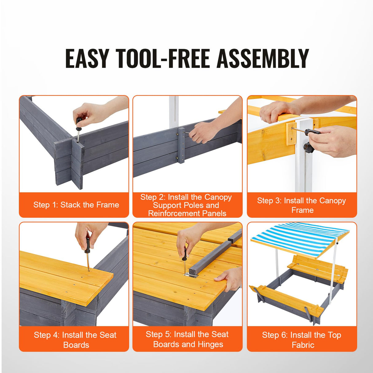 VEVOR Caja de Arena de Madera con Dosel, 145,5 x 120 x 120 cm, Arenero con Bancos Plegables y Revestimiento Inferior Caja de Arena para Niños de 3 a 12 Años para Exteriores, Patio, Playa, Parque