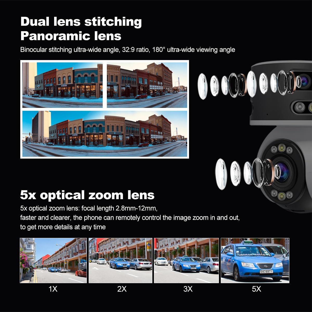 OBA SH055: Cámara de Seguridad 8 MP con AI, Zoom óptico 5X, visión Nocturna Starlight, Audio, Triple Lente