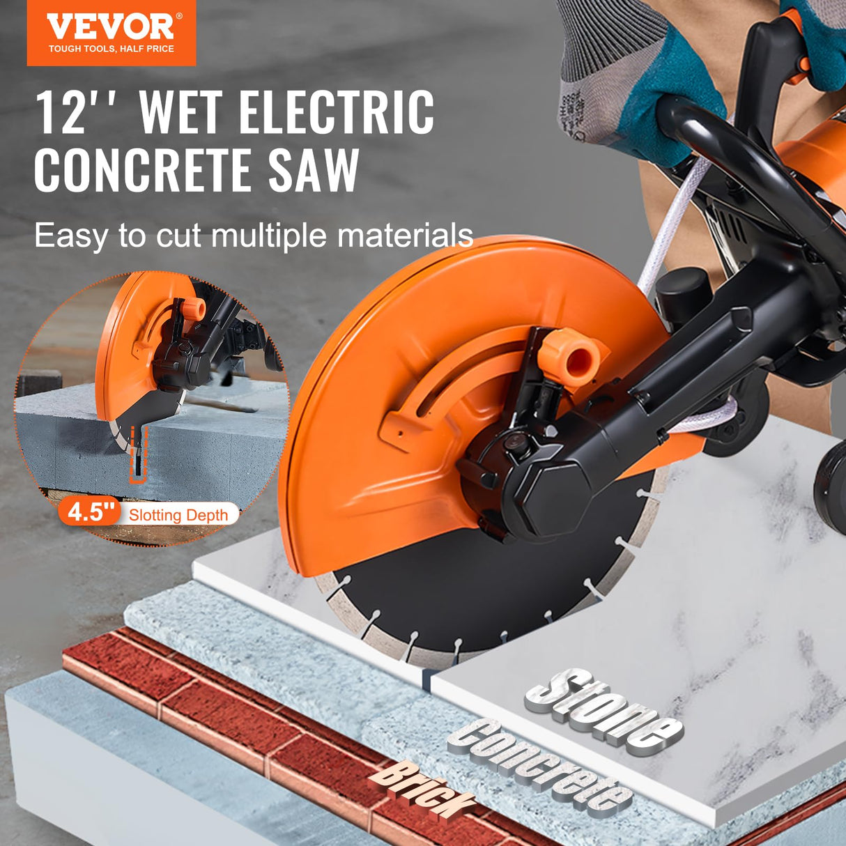 VEVOR Sierra Eléctrica para Hormigón 305mm 2800W Sierra Circular de Alta Potencia Profundidad de Corte de 114mm Sierra de Disco Húmeda/Seca con Tubería de Agua Bomba de Agua Hoja para Piedra Ladrillo