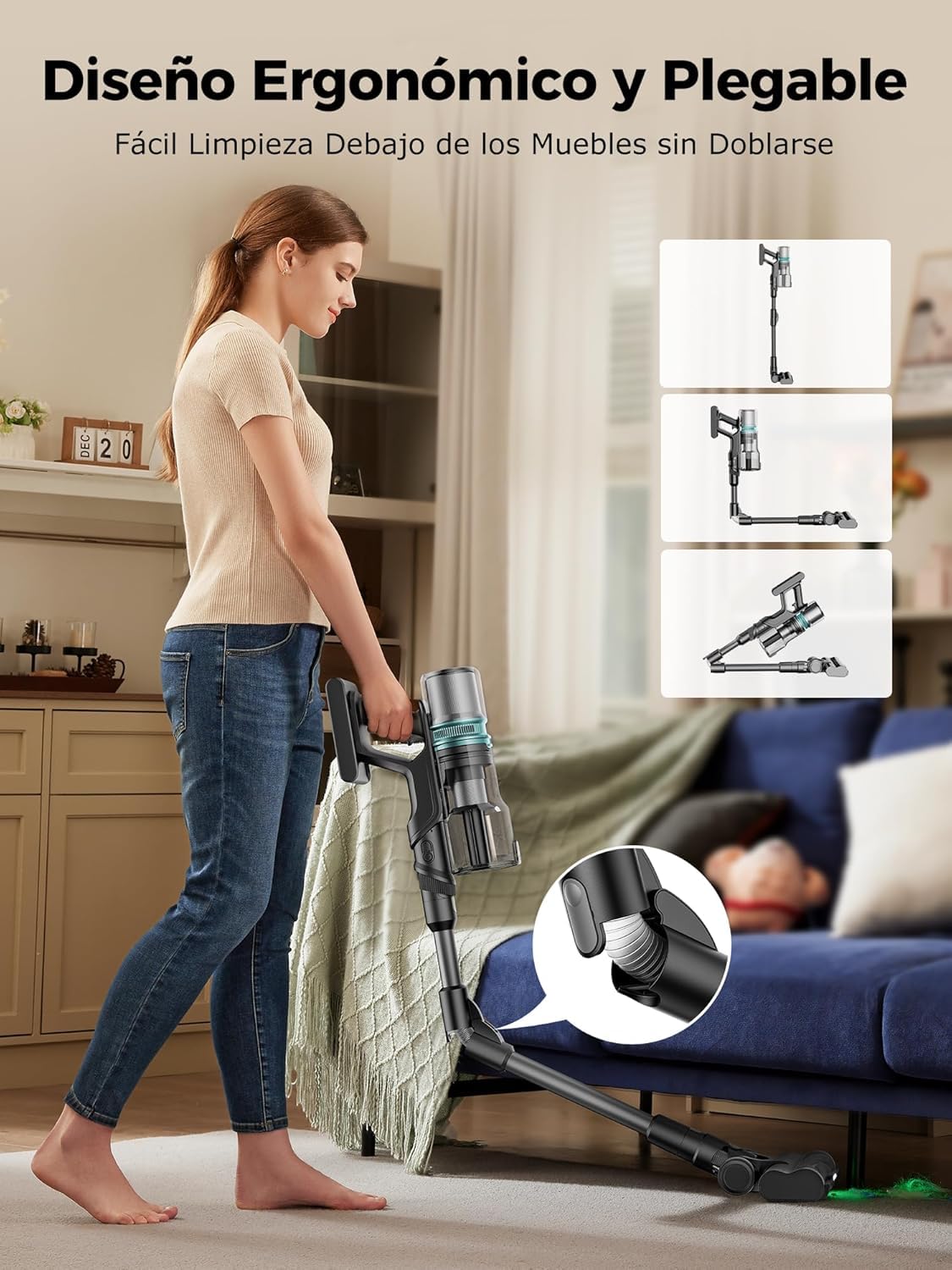 Proscenic P16 Aspiradora sin Cable 55Kpa/550W/65Mins, Aspiradora Escoba Vertical con Tubo Plegable, Cepillo Anti-Enredo y Pantalla Táctile LED para Suelo/Alfombra/Pelos de Mascotas