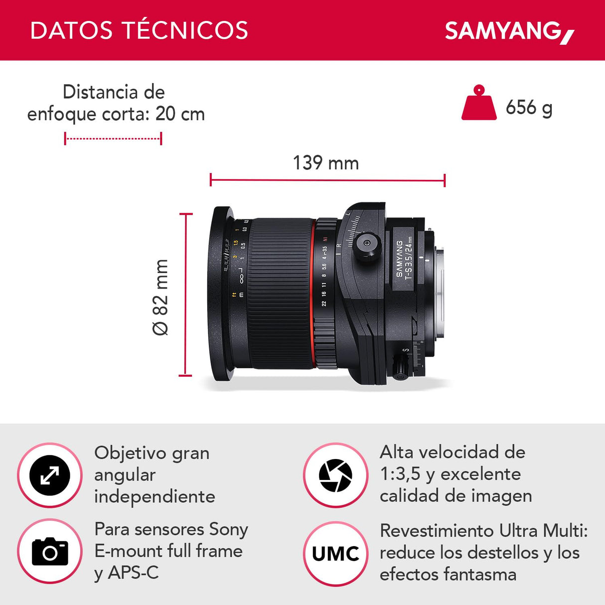 Samyang MF 24mm F3.5 T/S para Sony E - Tilt Shift lente gran angular APS-C y formato completo, enfoque manual, distancia focal fija para cámara Sony con montura E, para Sony A9 A7 A1 Alpha 6000 series