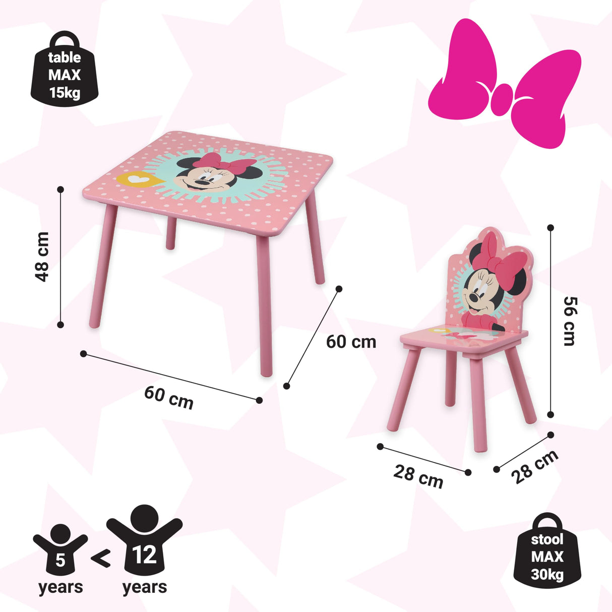 Disney Minnie Mouse Juego de mesa y sillas para 2, soporta hasta 30 kg por silla, óptimo para jugar y realizar actividades, tamaño pequeño, rosa