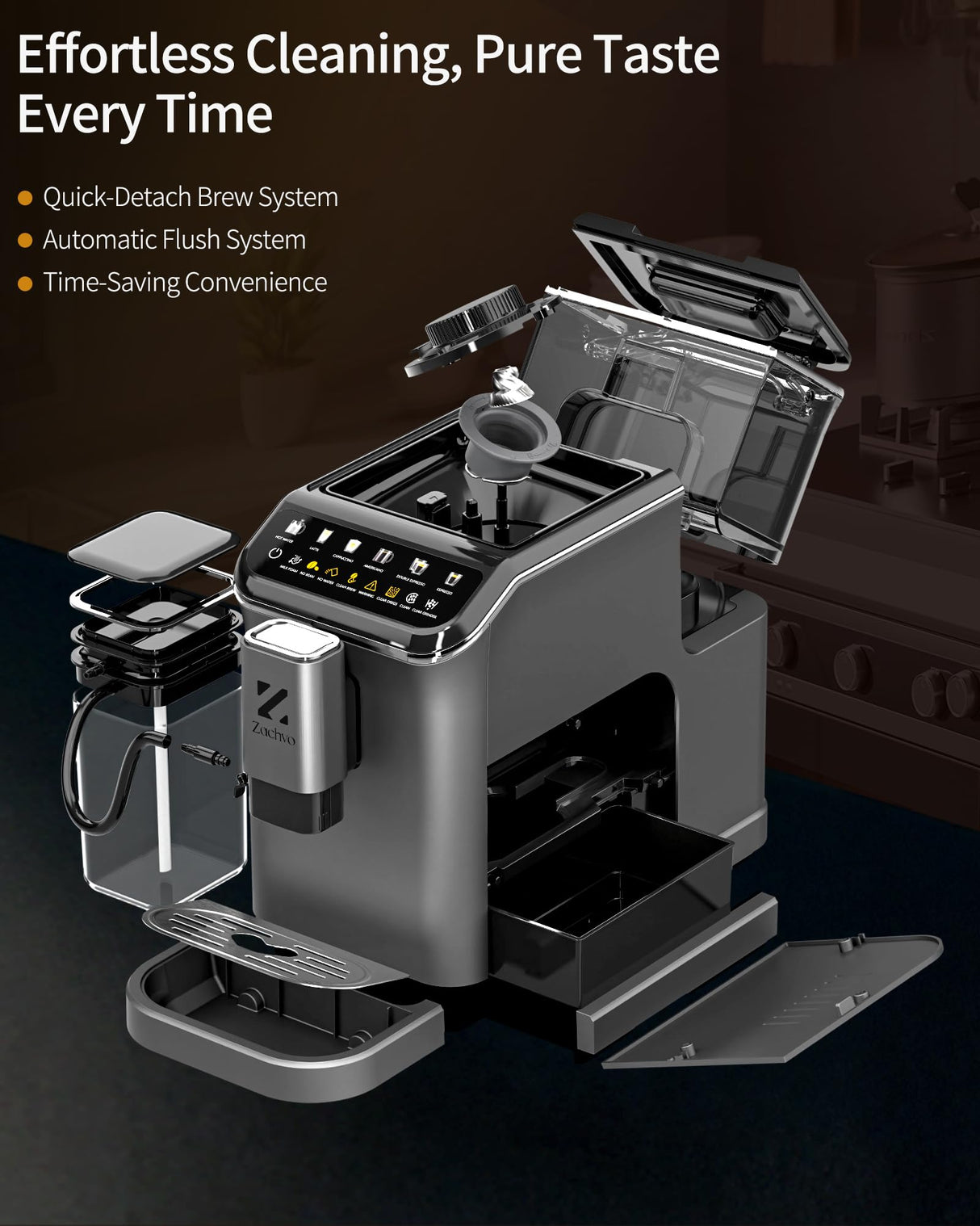 ZACHVO Cafetera Superautomática con Sistema de Leche–20 Bares, 7 Bebidas, 15 Niveles de Molido, Depósito de Agua de 1,5L, Doble Caldera, Control PID, Limpieza Automática,Pantalla Táctil，Café con Leche
