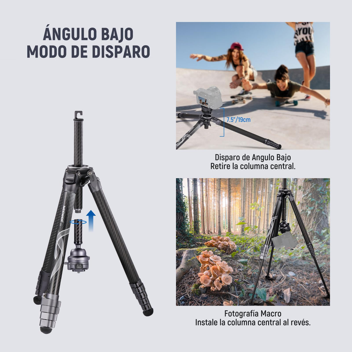 NEEWER LITETRIP LT32 62" Trípode de Viaje de Fibra Carbono con Base Niveladora de ±15°, Eje Central Desmontable, Hebilla de Giro Rápido, Placa QR Tipo Arca Compatible con Peak Design Capture V3
