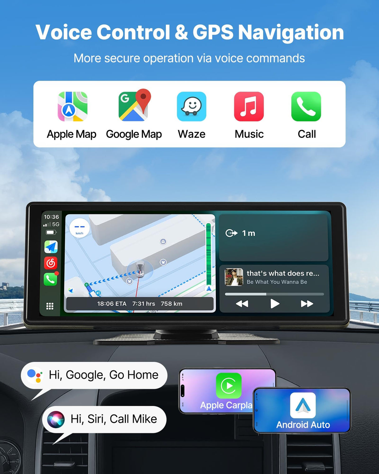 VEVOR Estéreo Inalámbrico HD para Coche, con Pantalla Táctil Compatible con Apple CarPlay y Android Auto, con Control de Voz, Enlace Espejo, Bluetooth, Navegación GPS, 245 x 97 x 30 mm, Negro