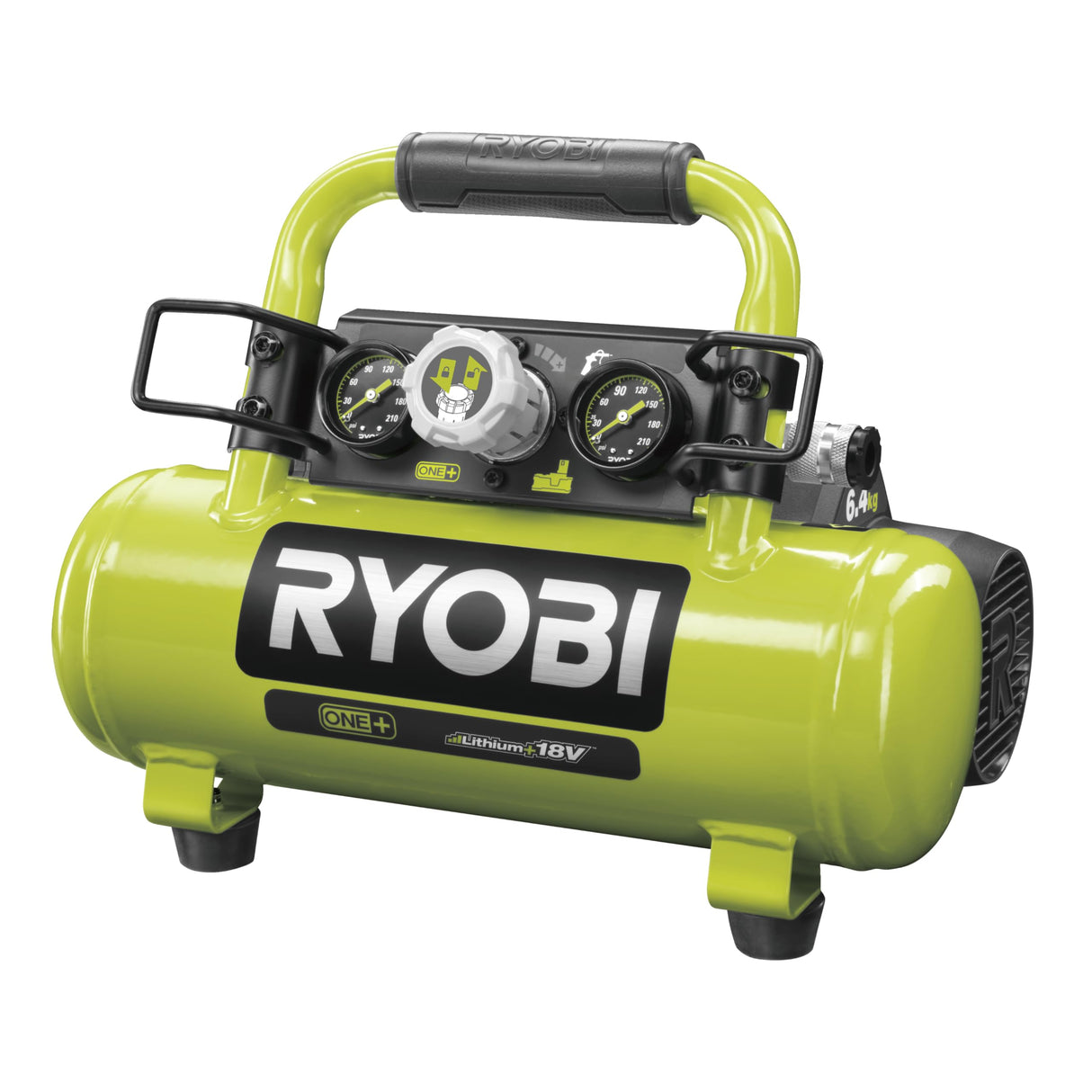 RYOBI - Compresor Inflador de Tanque 3,8L 18V ONE+ - Manómetro de Aguja - 0,6 HP, Presión Máxima 8,2 bar, Flujo Máximo 20L/min - 1 Racor Rápido Estándar ¼" (Batería y Cargador no Incluidos) - R18AC-0