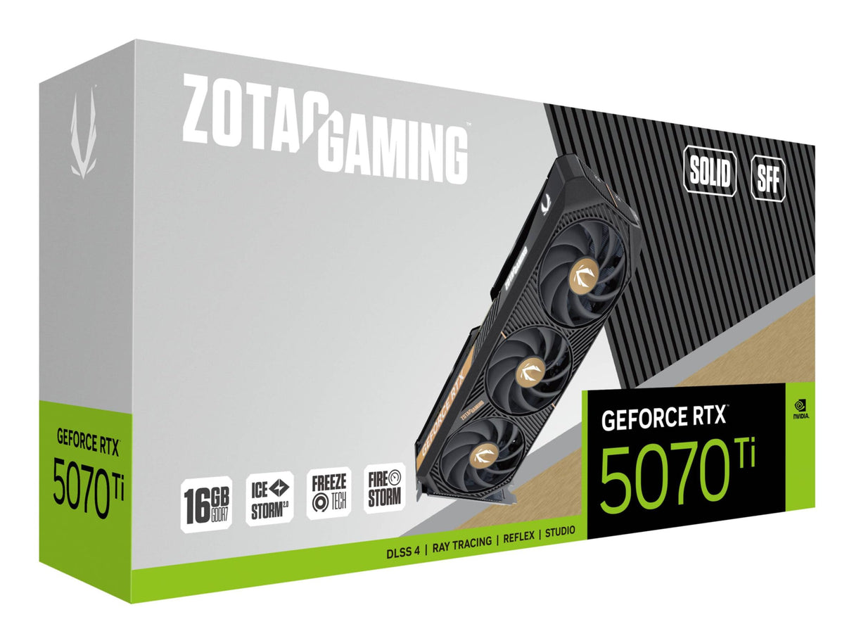 ZOTAC Gaming GeForce RTX 5070 Ti Solid SFF, GeForce RTX 5070 Ti, 16 GB, GDDR7, 256 bit, 7680 x 4320 Pixel, PCI Express x16 5.0