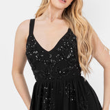 Maya Deluxe Women's Maxi Dress Ladies Sleeveless V-Neck Sequin Embellished Floral Ruffle Chiffon A-Line Open Back Tie Prom Ball Gown, Black, 38