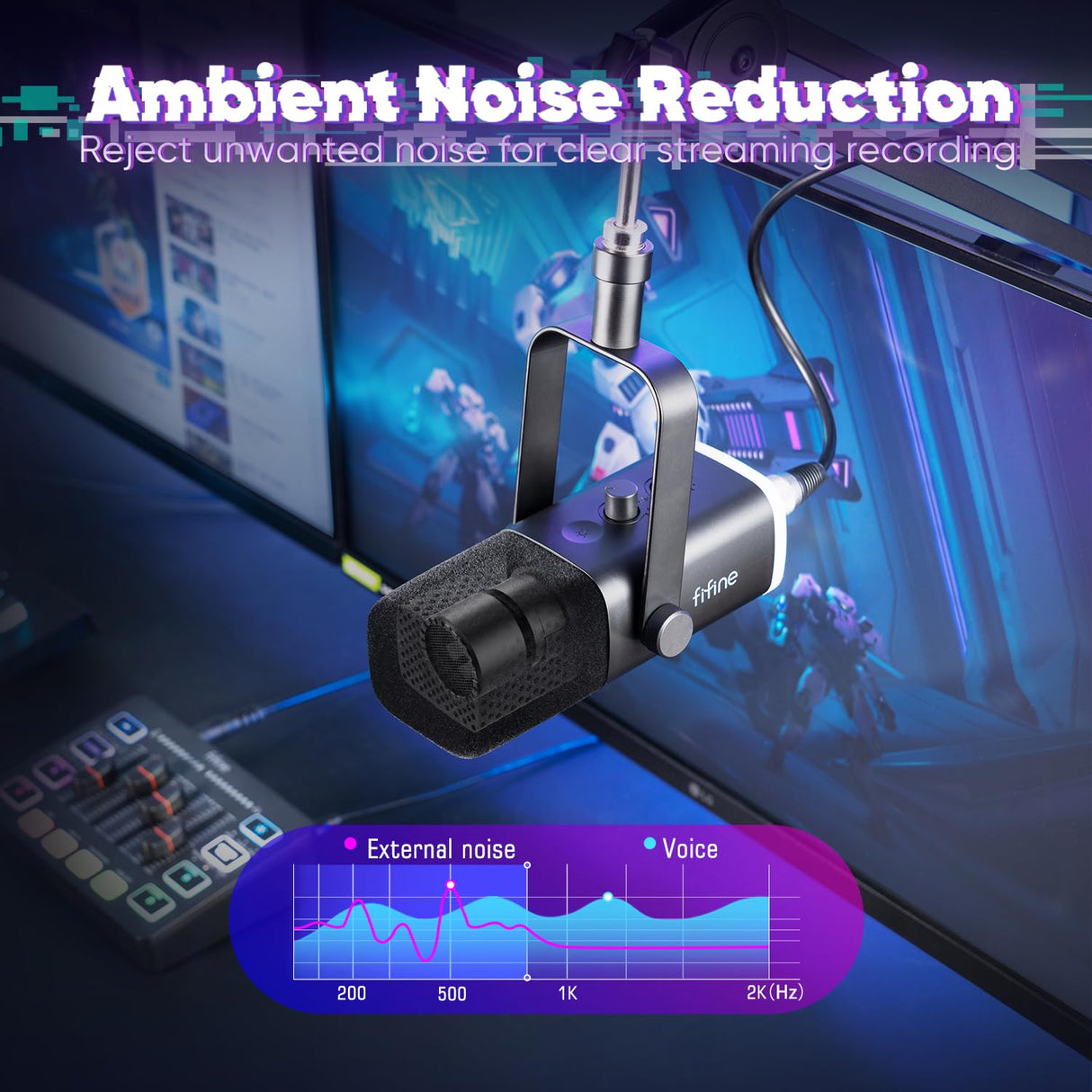FIFINE XLR Streaming Micrófono Dinámico de Podcast, Mezclador de Audio, RGB Streaming Gaming Audio Mixer PC con Interfaz de XLR (AM8 + SC3)