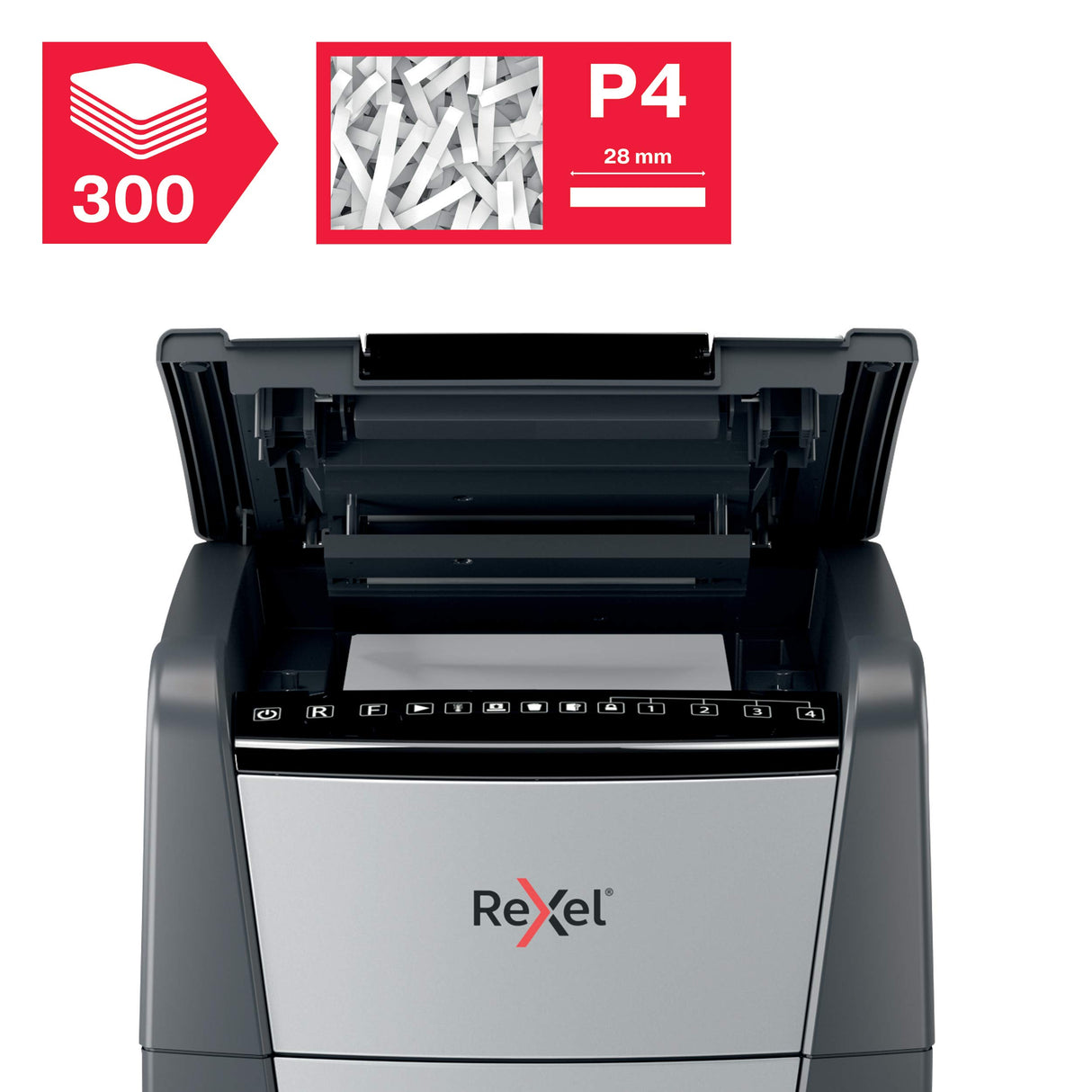 Rexel 2020300XEU - Destructora Automática Optimum AutoFeed 300X, Corte en Partículas P-4, Hasta 300 Hojas, Papelera 60L, Destruye Tarjetas de Crédito, Grapas y Clips, Negro