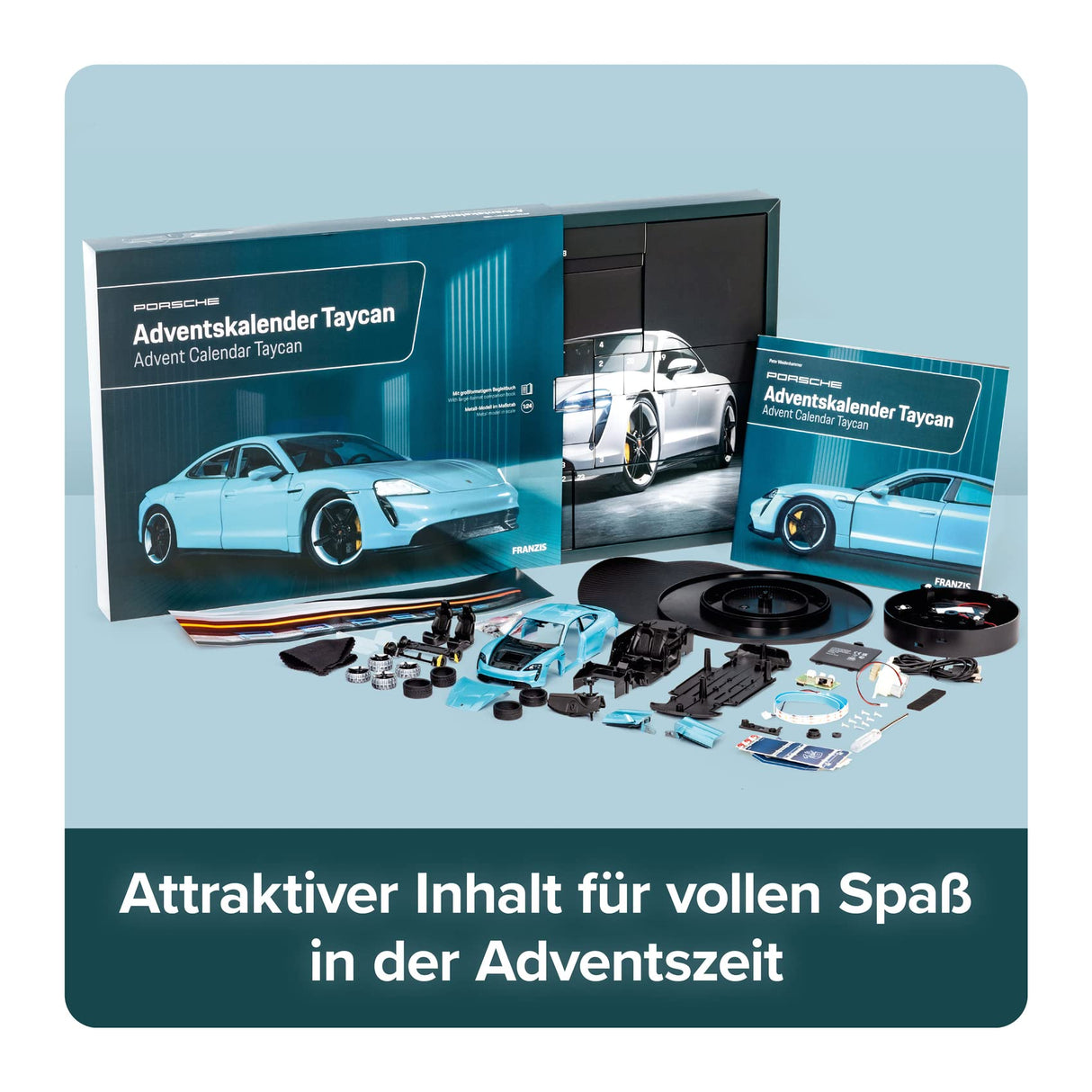 Franzis- Porsche Taycan Calendario de Adviento, Color Azul Frozen, Multicolor, Small (67203)