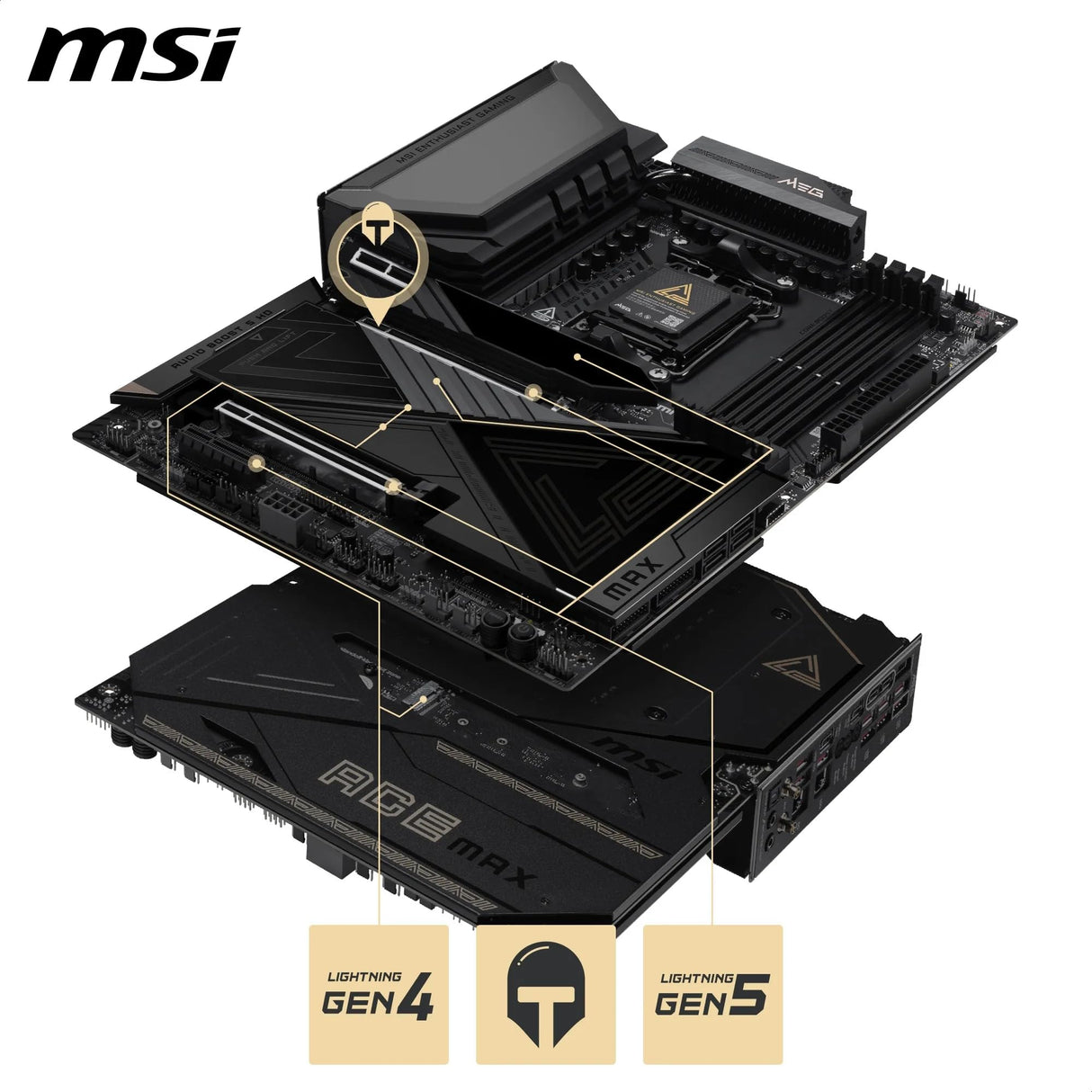 MSI Placa Base Meg X870E Ace MAX, ATX. Soporta procesadores AMD Ryzen 9000/8000/7000, AM5-64MB BIOS ROM, 110A SPS VRM, Memoria DDR5 (hasta 9000+ MT/s OC), M.2 y PCIe 5.0, USB4, Wi-Fi 7, 10G LAN