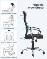 SONGMICS Silla de Oficina, Silla de Escritorio Ergonómica, Silla Giratoria, Asiento Tapizado, Ajustable en Altura e Inclinable, Carga de 120 kg, Negro Tinta OBN034B01