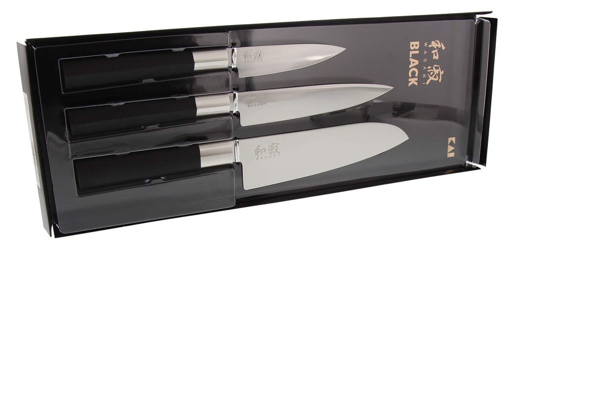 KAI Wasabi Black Juego de cuchillos 3 piezas - Cuchillo multiusos de 10 cm, Cuchillo multiusos de 15 cm, Santoku de 16,5 cm - Acero inoxidable 6A/1K6 pulido 58 (±1) HRC - Mango de polipropileno negro