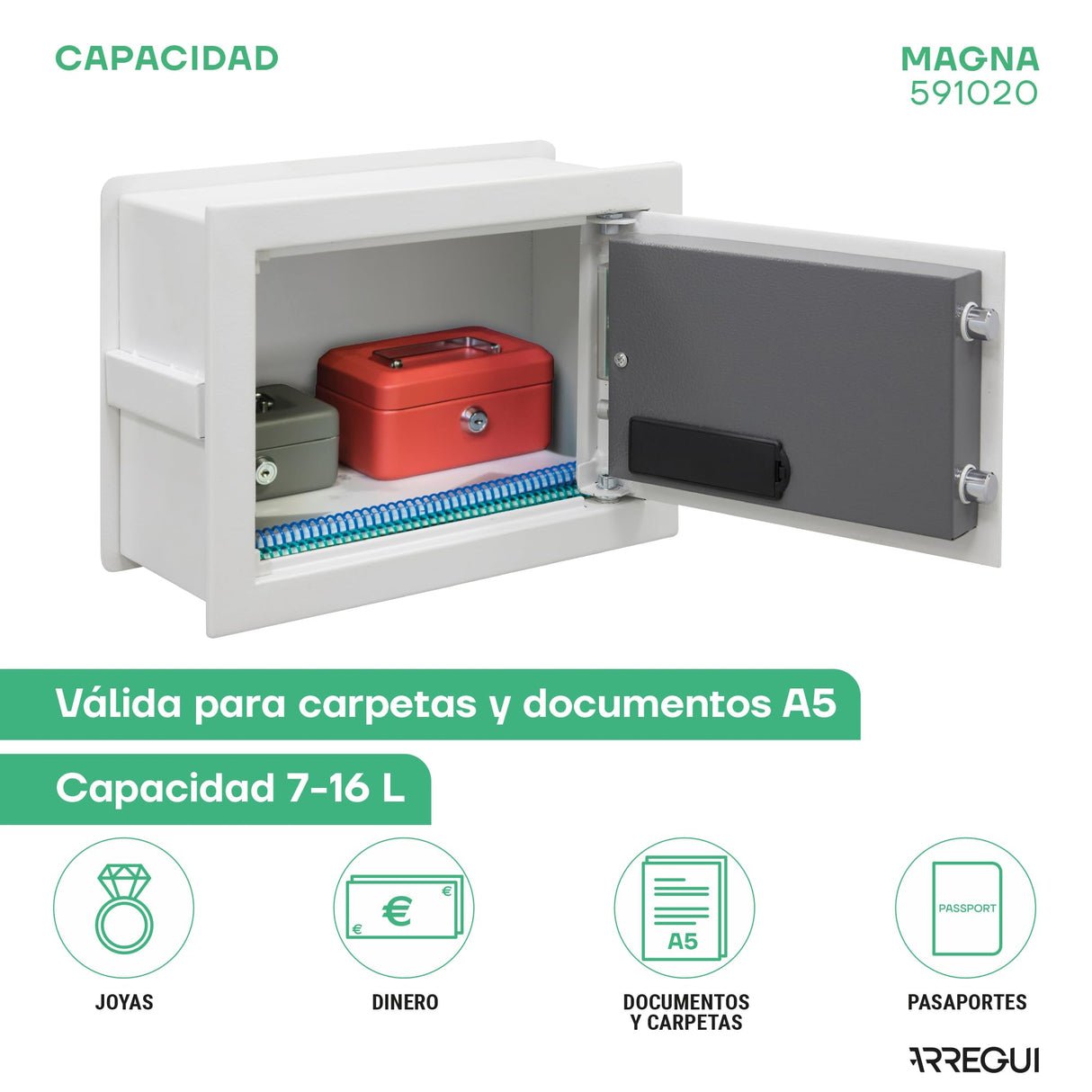 ARREGUI Magna 591020 Caja Fuerte Empotrable con Código y Llave | Caja de Doble Seguridad con Fondo Extensible para Dinero | Caja Fuerte de Pared Electrónica para Hogar u Oficina |26x36x15-25cm |14-23L