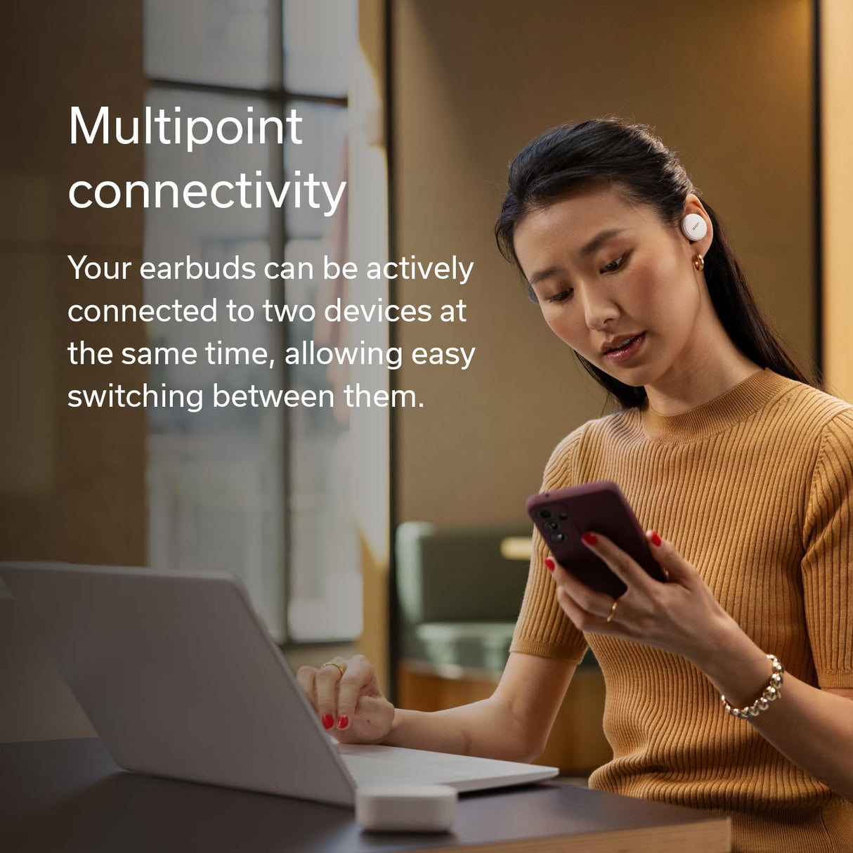 DENON PerL Pro True Wireless Earbuds, Perfil de Sonido Personalizado, Auriculares con cancelación de Ruido, Auriculares Resistentes al Agua, con micrófonos Integrados - Blanco