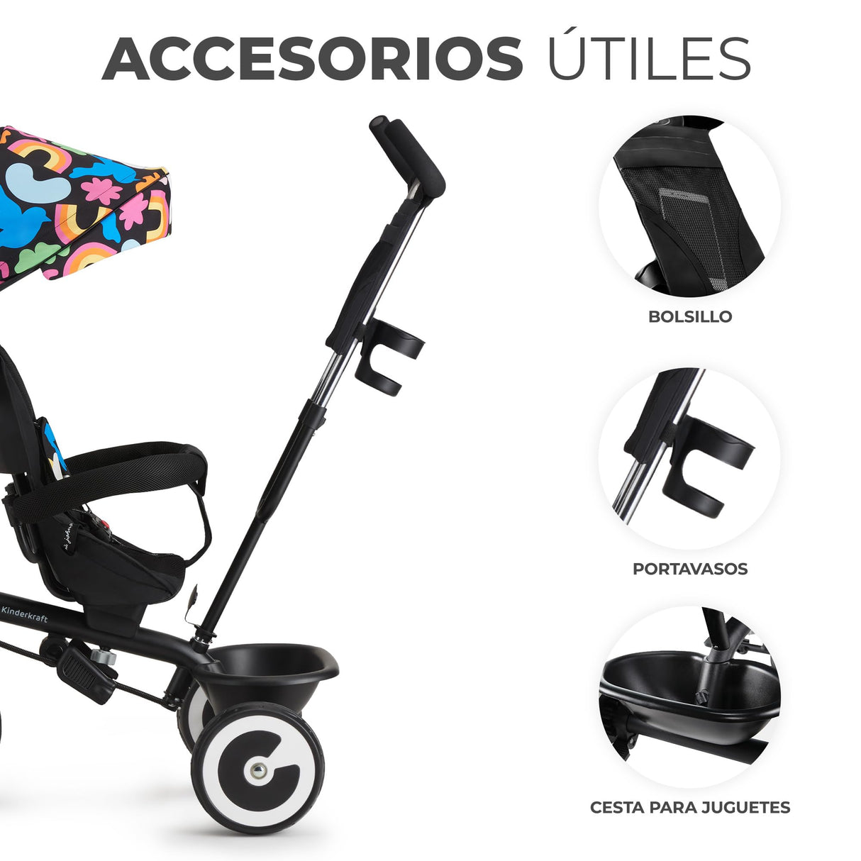 Kinderkraft Aston Triciclo Evolutivo, Bicicleta Sin Pedales, Bicicleta Bebe, para Niños, Cinturón, con Accesorios, Portavasos, Cesta, 9 Meses a 25 kg, Happy Shapes