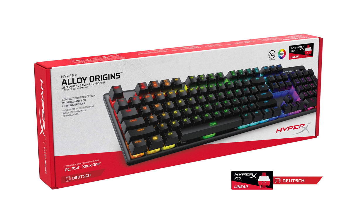HyperX Alloy Origins Teclado USB QWERTZ Alemán Negro Alloy Origins, Estándar, USB, Teclado mecánico, QWERTZ, LED RGB, Negro