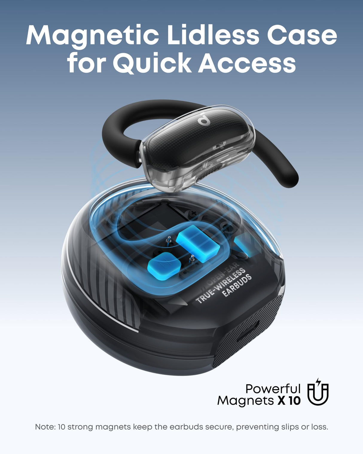 Soundcore Auriculares Open Ear V40i de Anker, Diseño Cristalino, Estuche sin Tapa, 4 Posiciones Ajustables para Cada Tamaño de Oreja, Graves más Ricos, IP55, 21H Reproducción, Llamadas Claras con IA