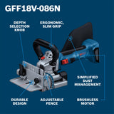 Bosch GFF18V-086N 18V Brushless Biscuit Joiner – Herramienta de extracción sin cables para juntas de accuración, Adjustable Cutting Depth, Dust Extraction Port, Diseño ergonómico para la fabricación