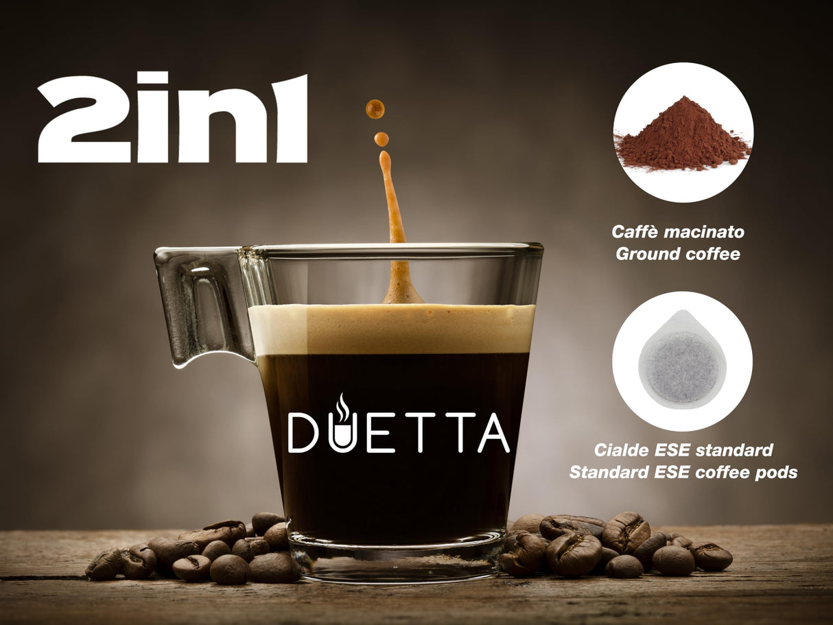 beper P101CAF100 Cafetera Espresso Duetta, 1100W, Compatible con monodosis y café en polvo, Cafetera con brazo de salida doble, 15 bar, Calienta tazas, vaso medidor y prensador incluidos, Negra