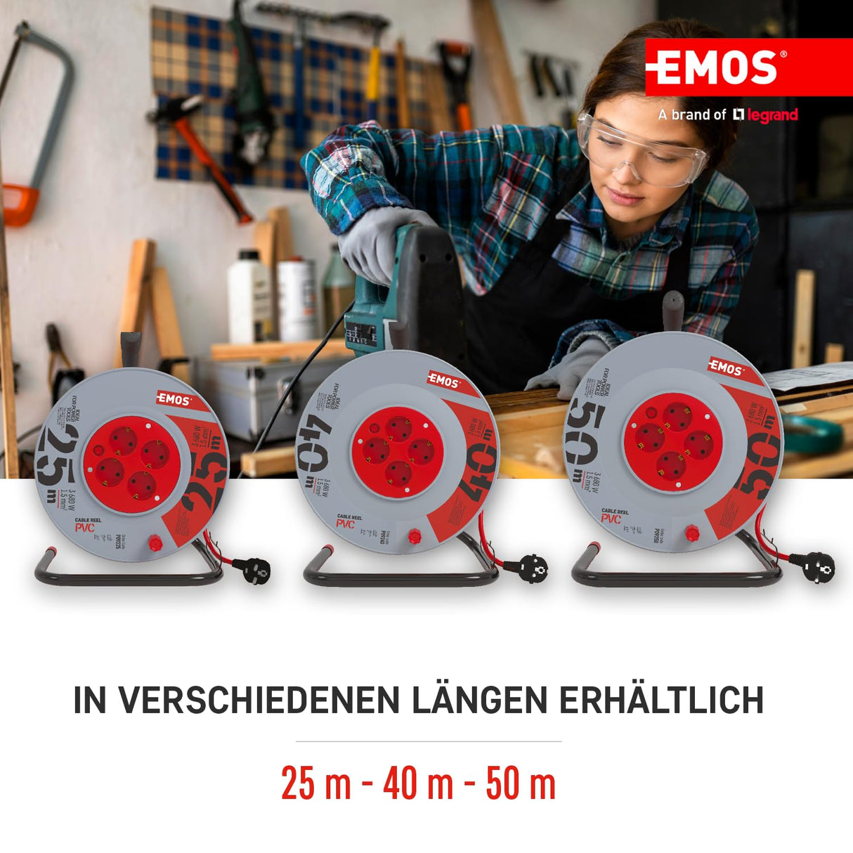 EMOS - Tambor de Cable de 50m - 4 enchufes Schuko - 230 V, 16 A, 3680 W - Aislamiento PVC H05VV-F3G 1,5 mm2 - Protección contra sobrecalentamiento - IP20 para Interiores