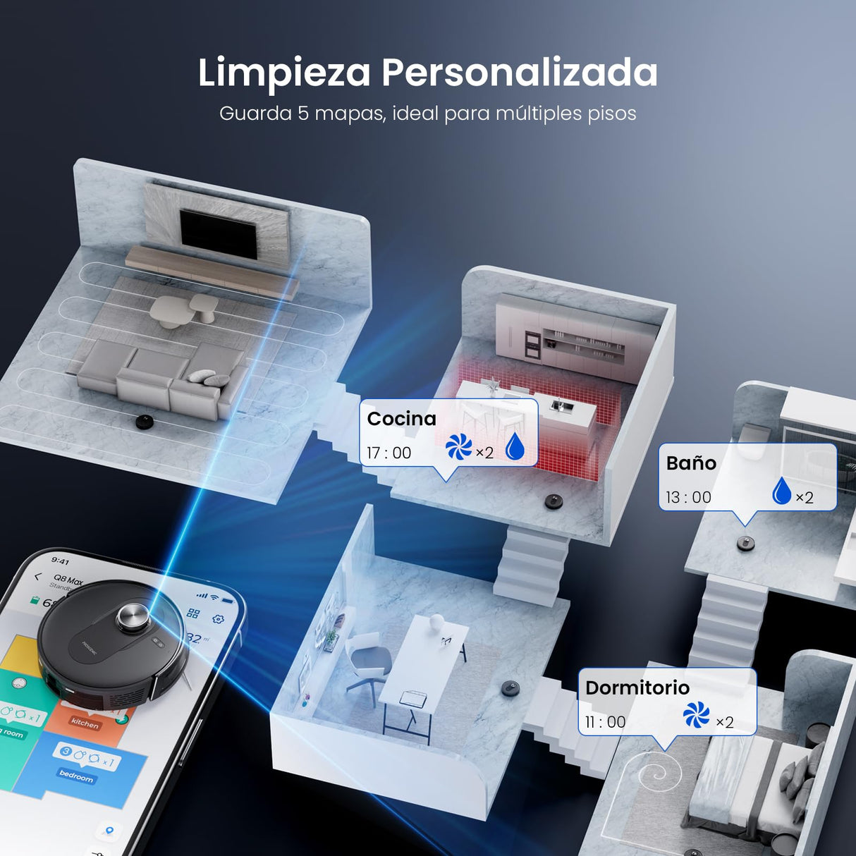 Proscenic Q8 MAX Robot Aspirador y Fregasuelos Potente 8000Pa/200 Min, Robot Aspirador con Sistema de Navegación Láser Inteligente, App y Alexa/Google/Siri, para Moqueta y Pelo de Mascotas/Suelos