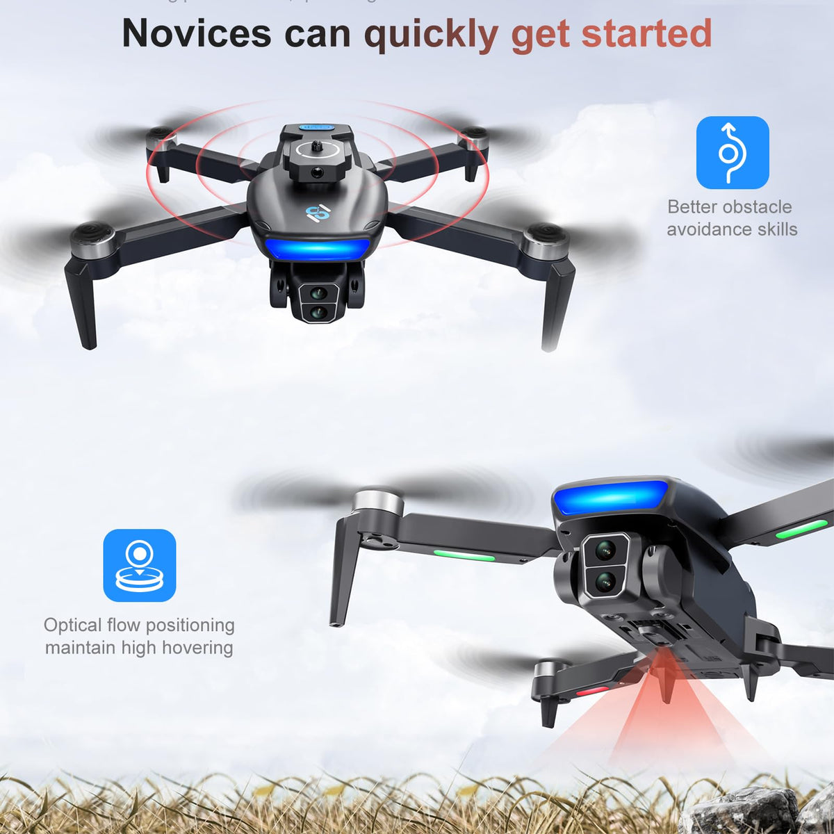 OBEST GPS Drone con cámara 4K, 5G WIFI FPV plegable RC Quadcopter, Motor sin Escobillas, 360 ° para Evitar Obstáculos, Retorno Inteligente, RC Grip Recargable, 2 Baterías 40 Minutos