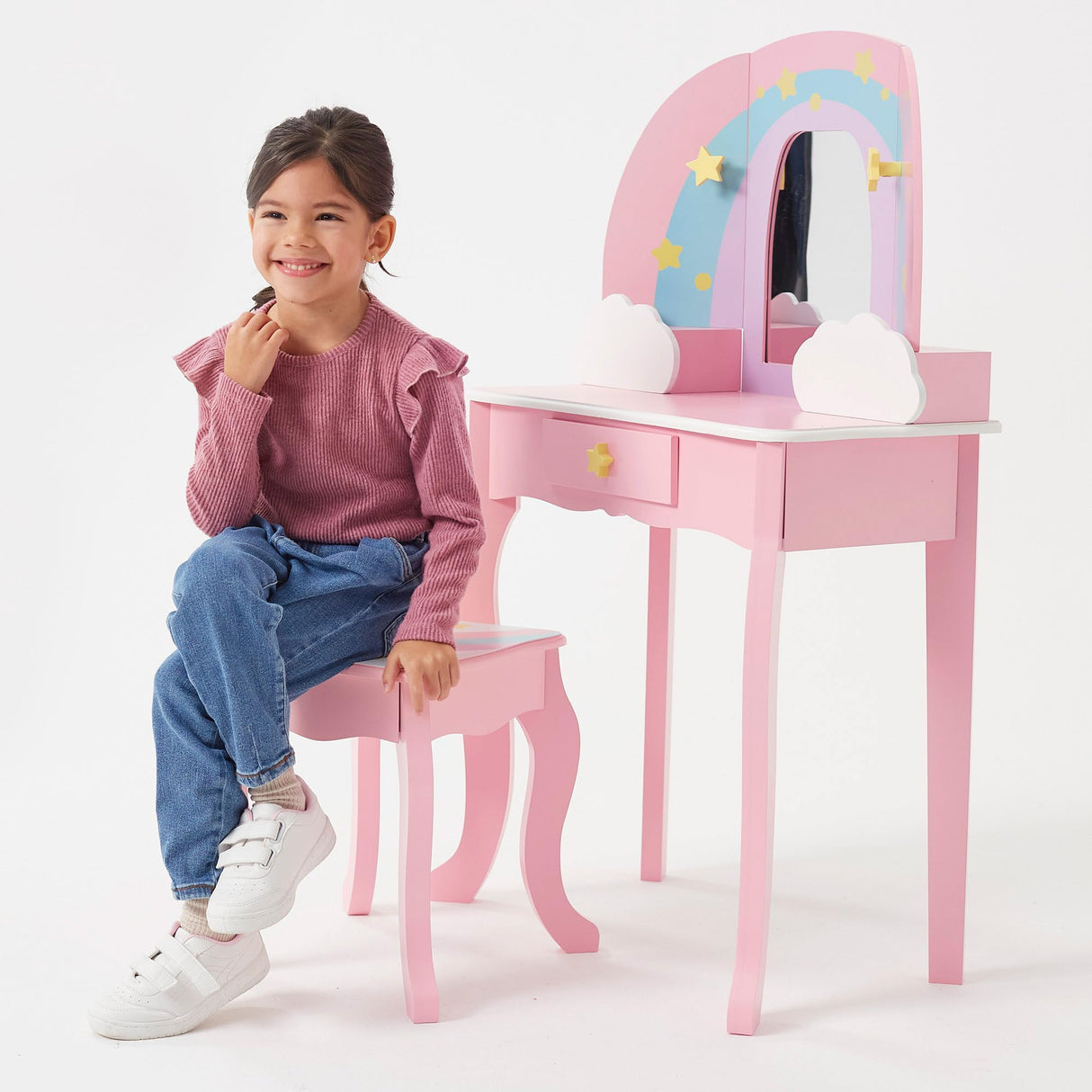 WOOMAX Teamson Kids - Tocador Infantil para niñas Arco Iris con Taburete y Espejo, Juguetes de Madera, Maquillaje para niñas (85397)