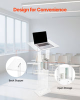 VEVOR Soporte de Podio de Acrílico Altura de 126,5 cm Atril de Pie Portátil con Superficie de Lectura 60 x 40 cm, Estante de Almacenamiento para Aulas, Bodas, Conferencias, Discursos, Conciertos