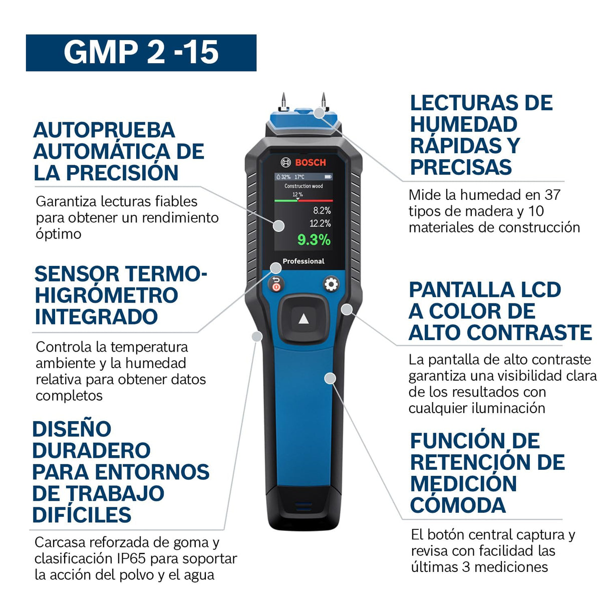 Medidor de humedad GMP 2-15 de Bosch Professional basado en clavijas (mide 37 tipos de madera y 10 materiales de construcción, termohigrómetro integrado, IP65, 2 pilas AA, bolsa)