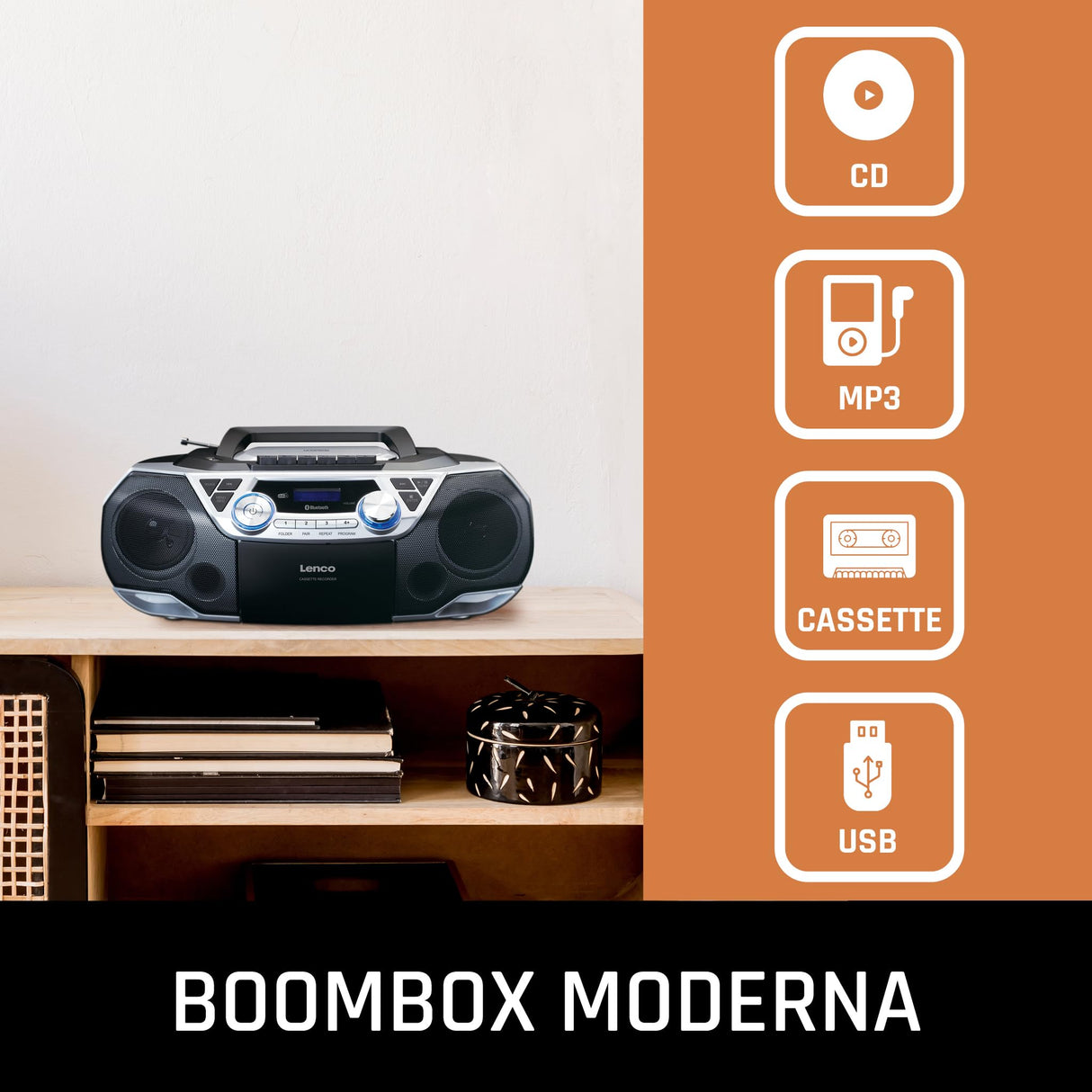 Lenco SCD-720 - Boombox Dab+ - Bluetooth 5.0 - Toploader CD/MP3 - Placa de Casete - Radio FM - Puerto USB - 2 x 6 W RMS - Bass Reflex - Mando a Distancia - Plata