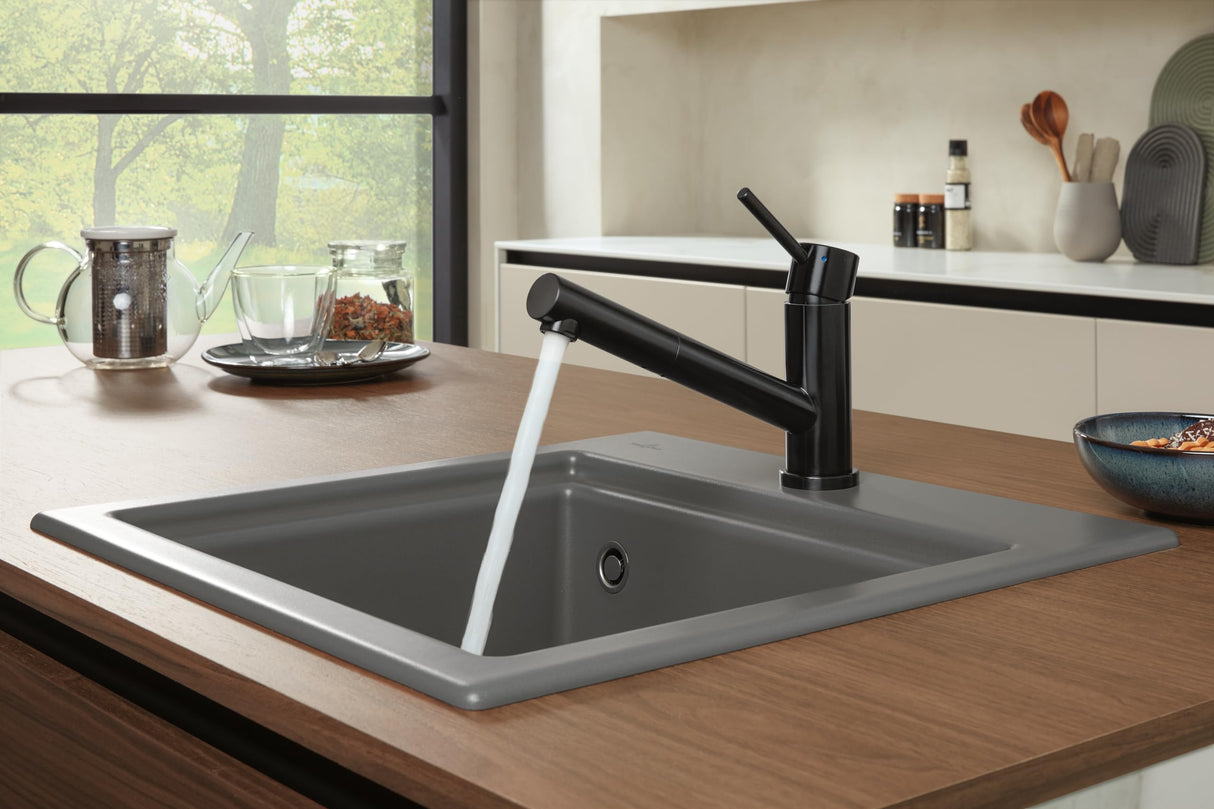 Villeroy & Boch Como Shower grifería de cocina, alta presión, grifo de cocina con rociador extraíble y radio de giro de 120°, grifo de fregadero de bajo consumo, altura del caño 120 mm, antracita