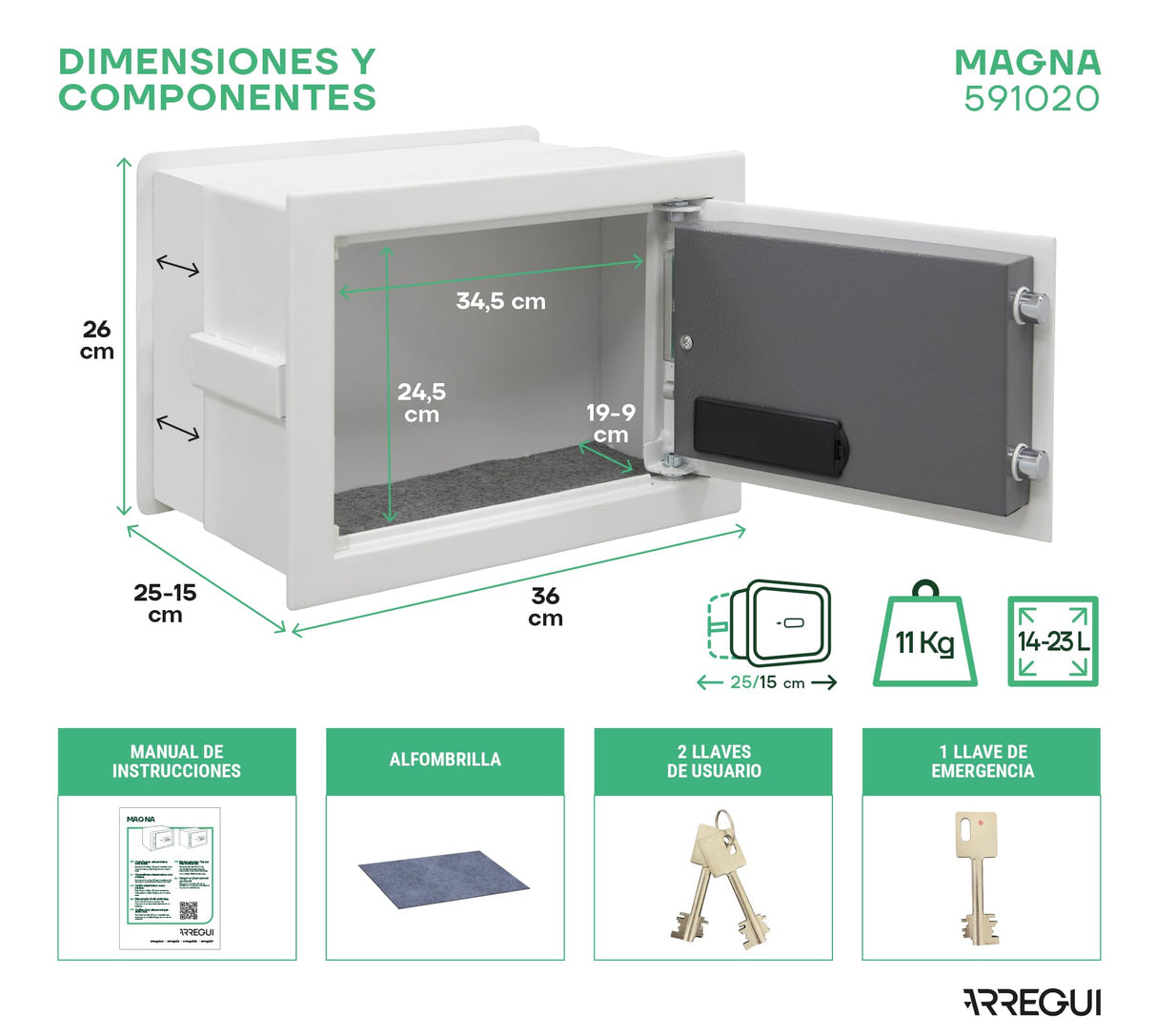 ARREGUI Magna 591020 Caja Fuerte Empotrable con Código y Llave | Caja de Doble Seguridad con Fondo Extensible para Dinero | Caja Fuerte de Pared Electrónica para Hogar u Oficina |26x36x15-25cm |14-23L